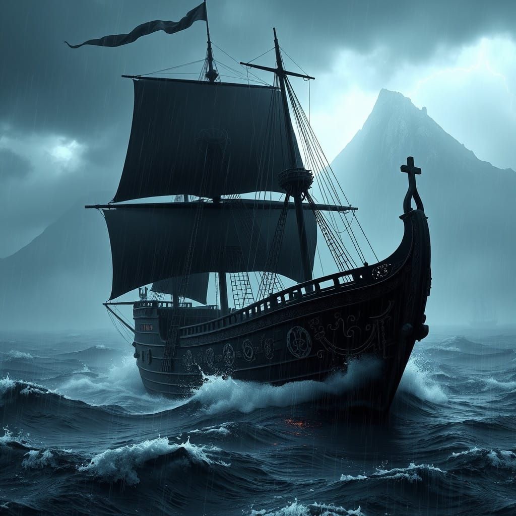Majestic Black Galleon Sails Through Turbulent Stormy Seas