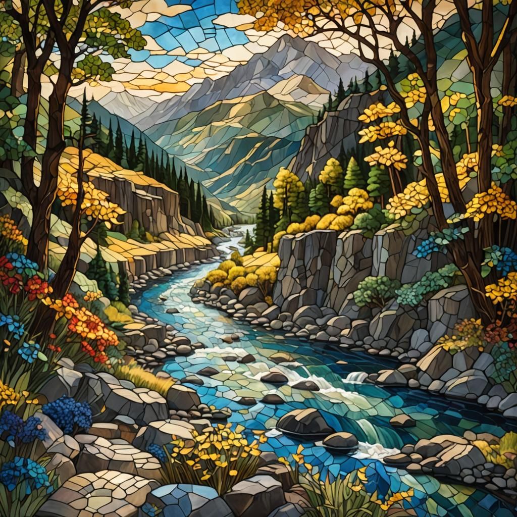Stained Glass River Valley Scene