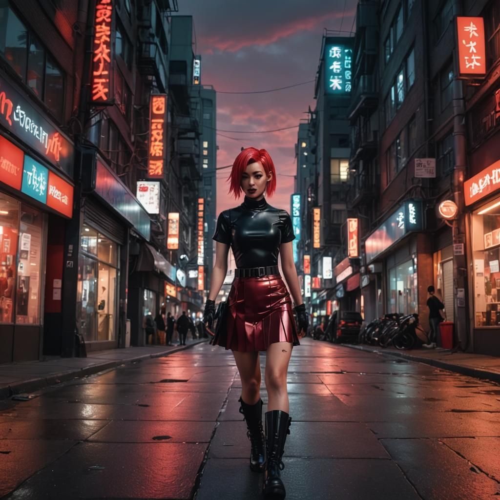 Cyberpunk Anime Woman Walking at Dusk