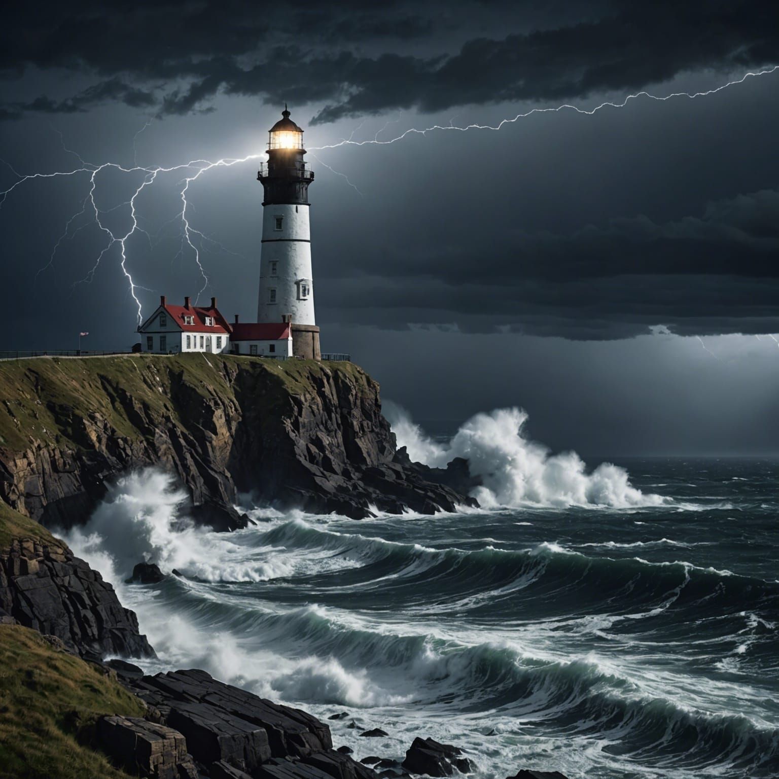 Dramatic Lighthouse in Stormy Seas, Oil Painting Style