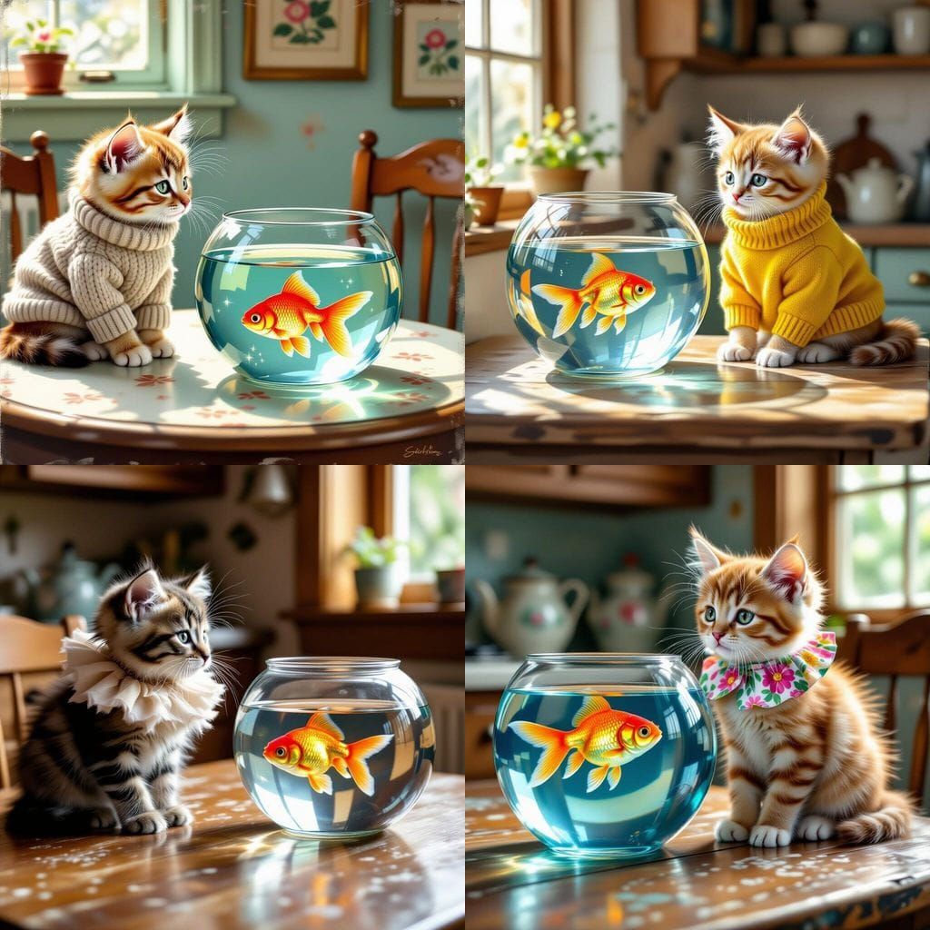 Kitten Stares Intently at Goldfish in Bowl