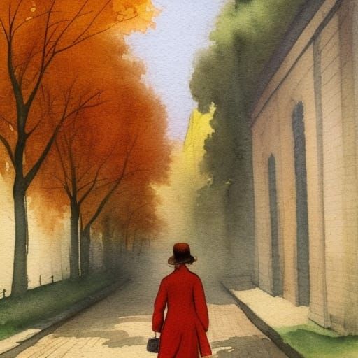 Woman in Trench Coat: Hudson River School Watercolor