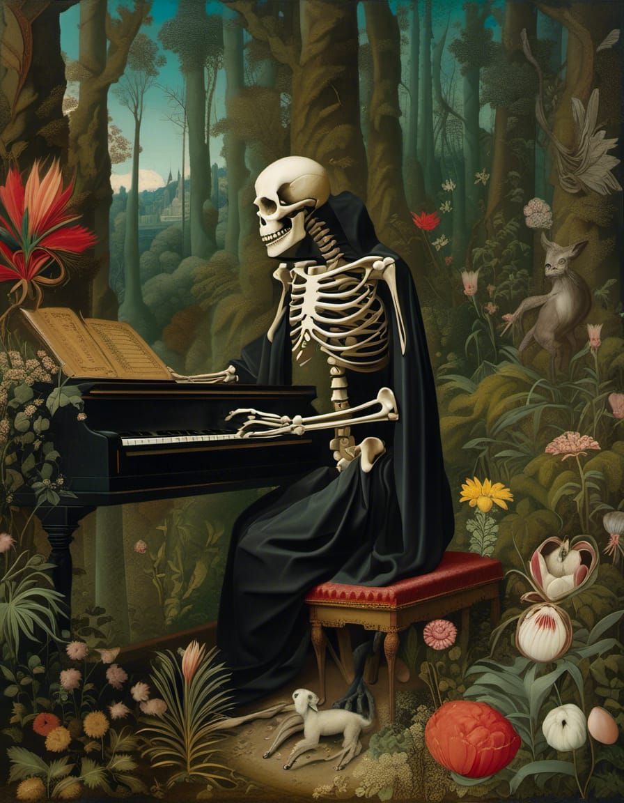 Surreal Skeleton Pianist in Forest, Detailed Digital Art