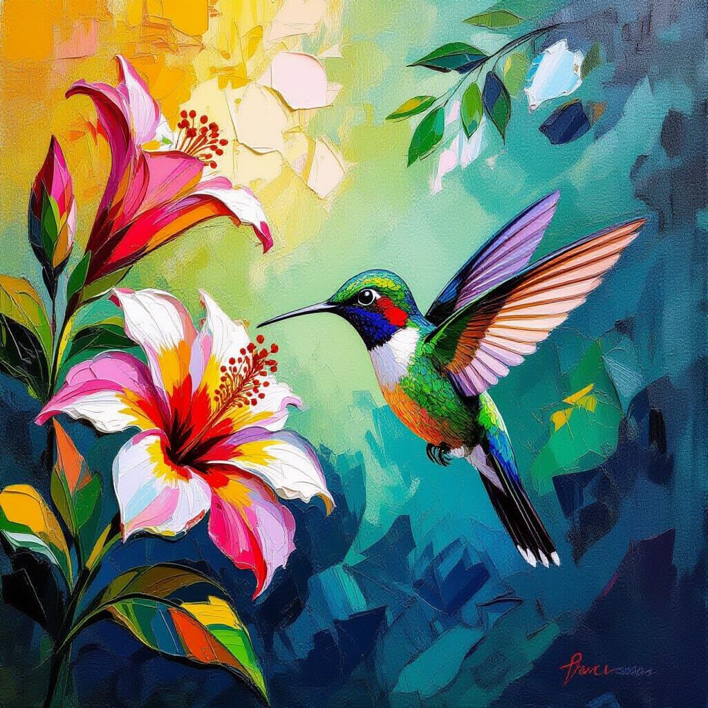 Hummingbird Nectar Sip In Neo-Impressionist Style