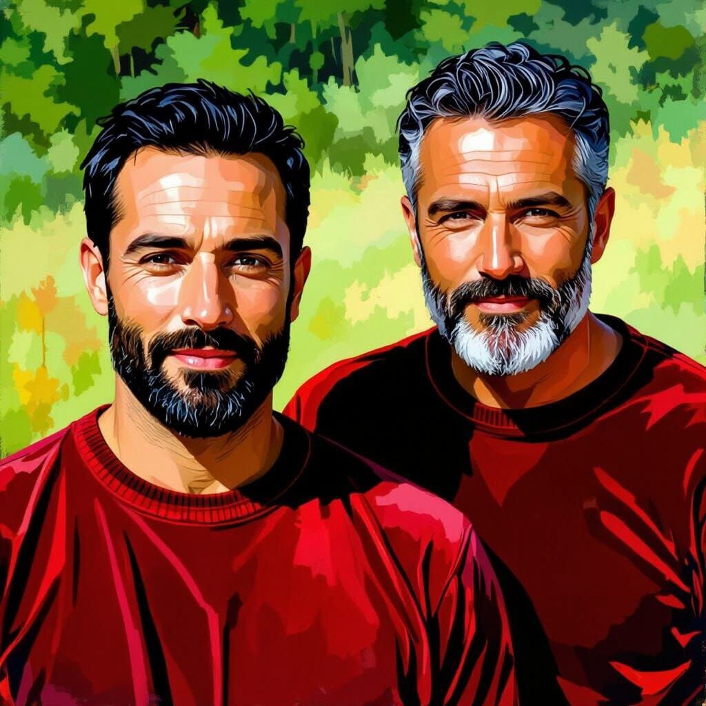 Two Men in Red Sweaters in Forest