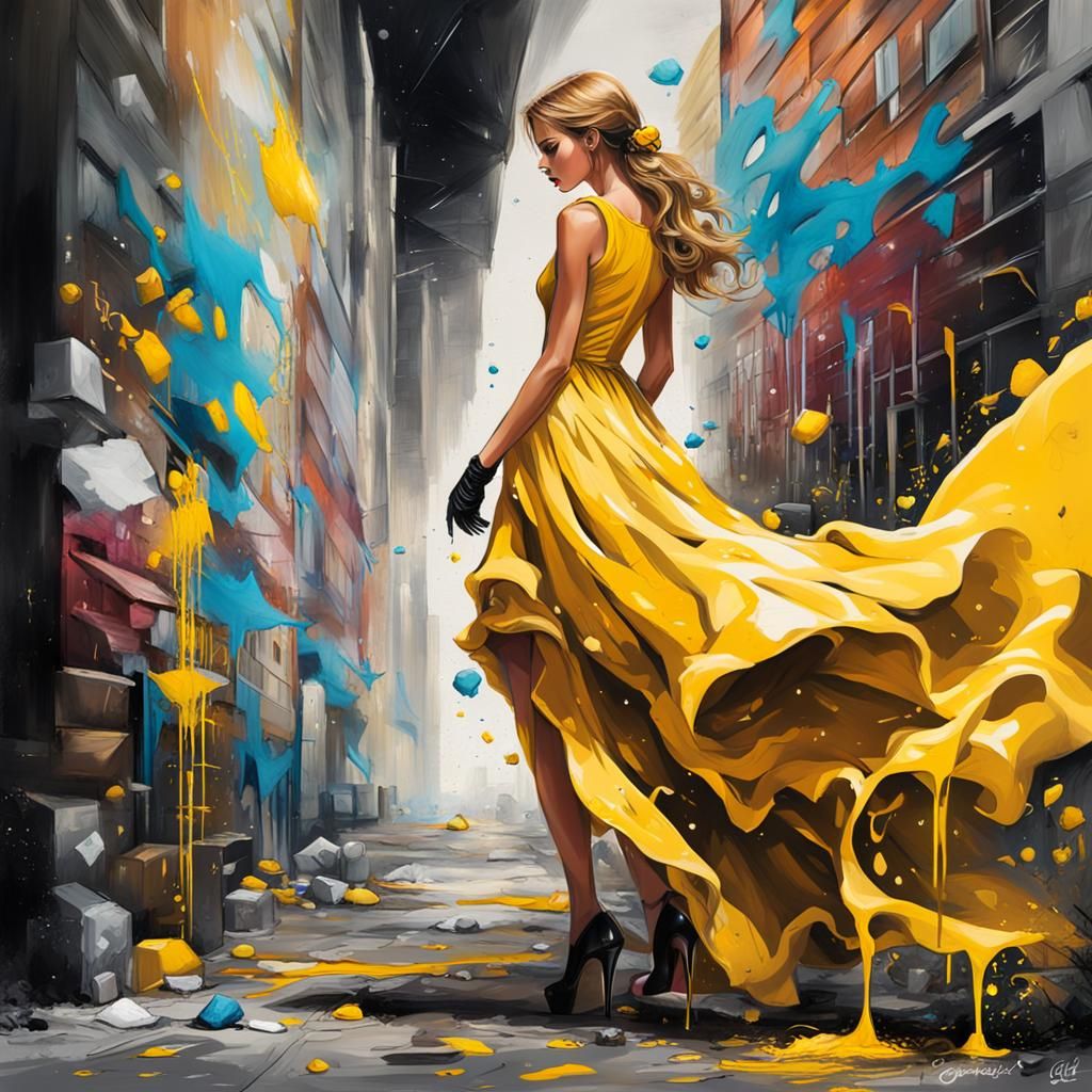 Woman in Puffy Yellow Dress, Graffiti Art