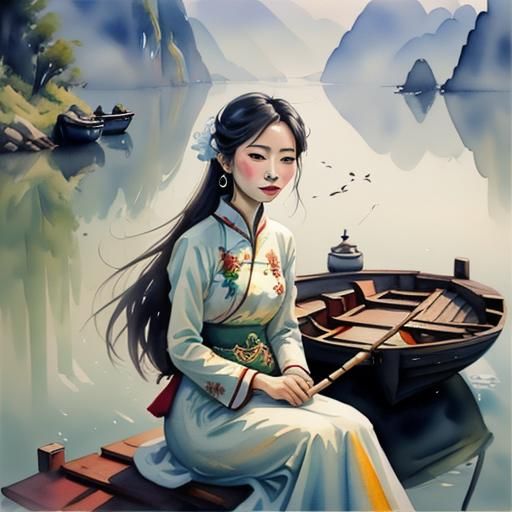 Watercolor Portrait of Vietnamese Woman in Halong Bay
