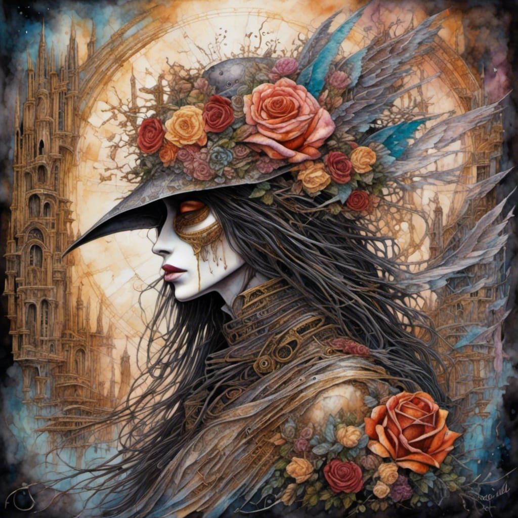 Steampunk Plague Doctor Watercolor with Floral Accents