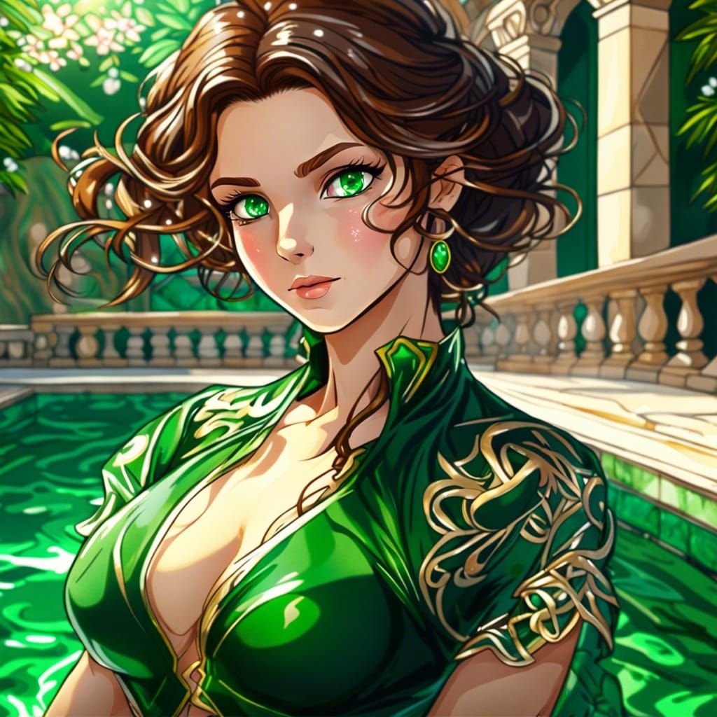 Anime Woman with Emerald Eyes by Pool