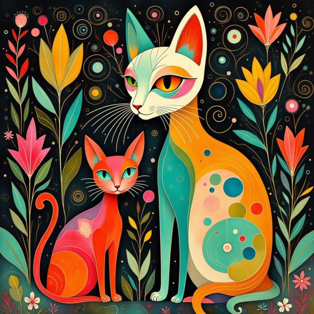 Mid-Century Abstract Cat Portrait in Bright Hues