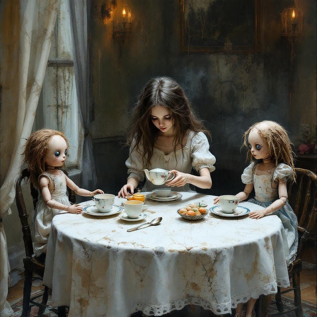 Creepy Tea Party in Mixed Media Art Style