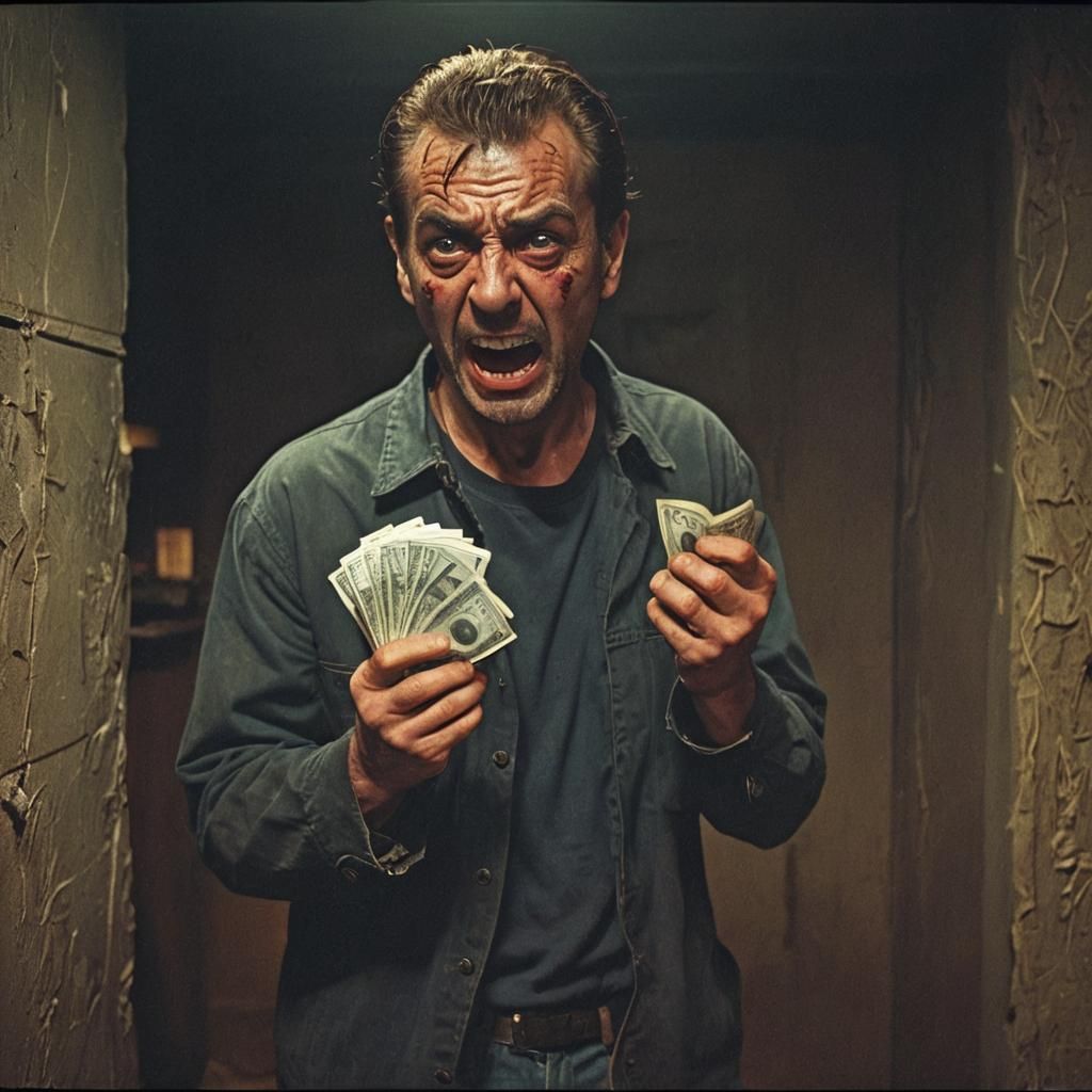 Dramatic Film Still: Man Shouts with Cash
