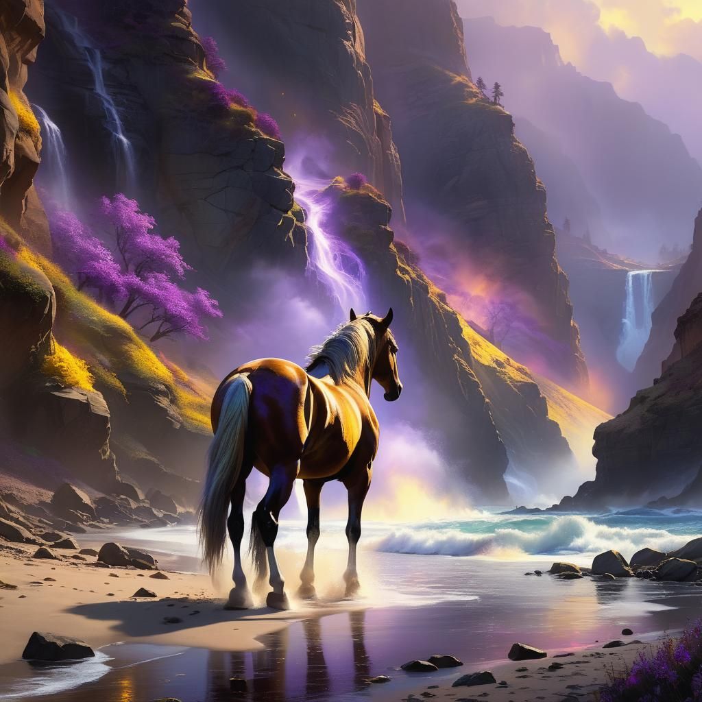 Horse at Canyon Shoreline in Dark Fantasy Art