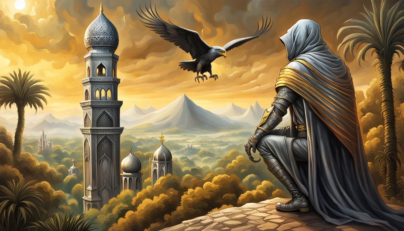 Knight and Golden Eagle Overlooking Tropical Minaret