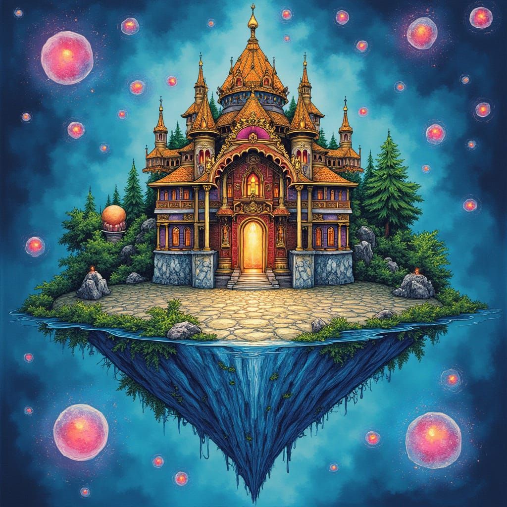 Intricately detailed alcohol ink illustration, a floating is...