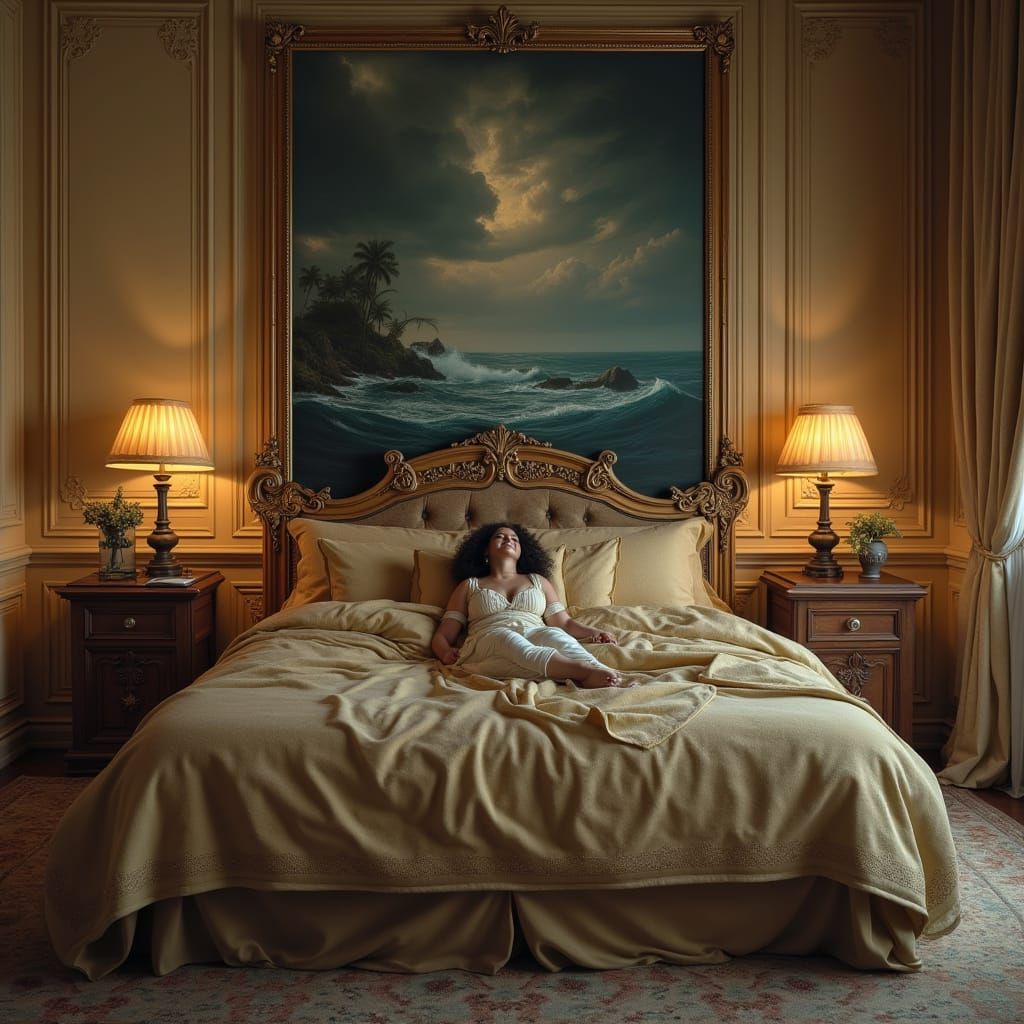 Um quarto luxuoso e surreal, com iluminação suave e paredes ...