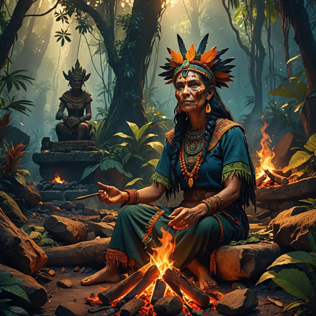 Aztec Witch Telling a Story by Campfire