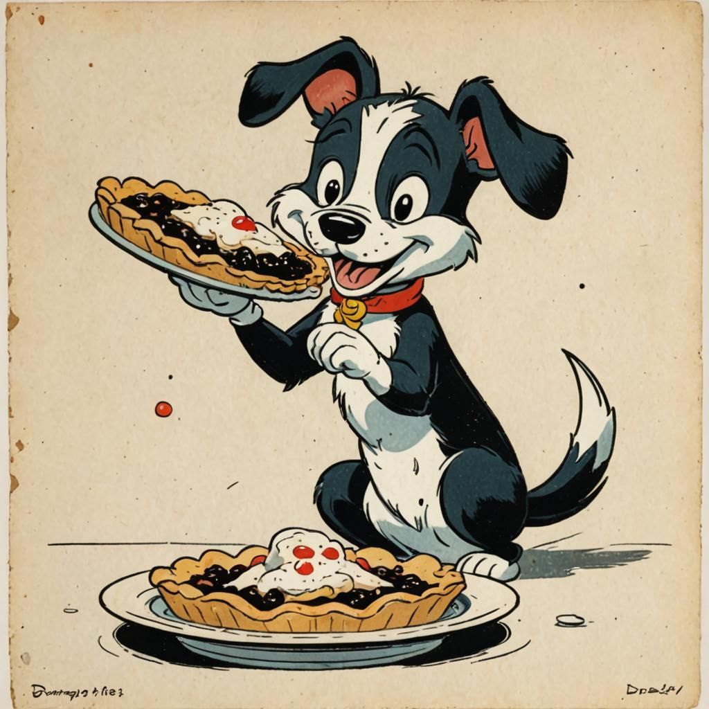 Cute Cartoon Dog Eating Pie in 1930s Style