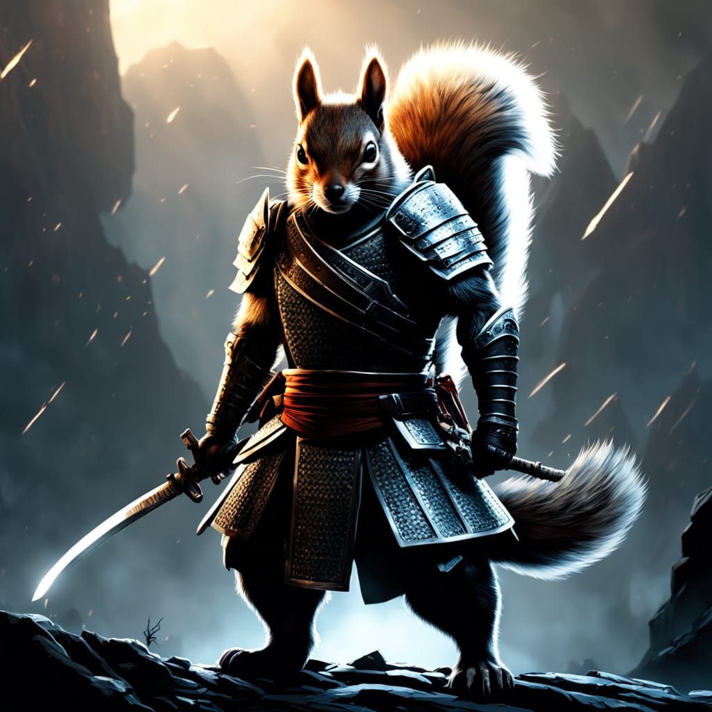 Samurai Squirrel Warrior with Katana in Epic Battlefield