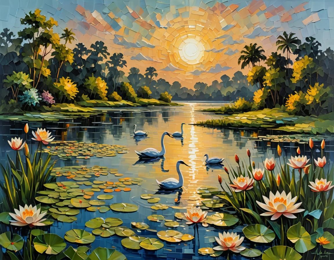 Surreal Swans Under Midnight Sun: Impasto Art