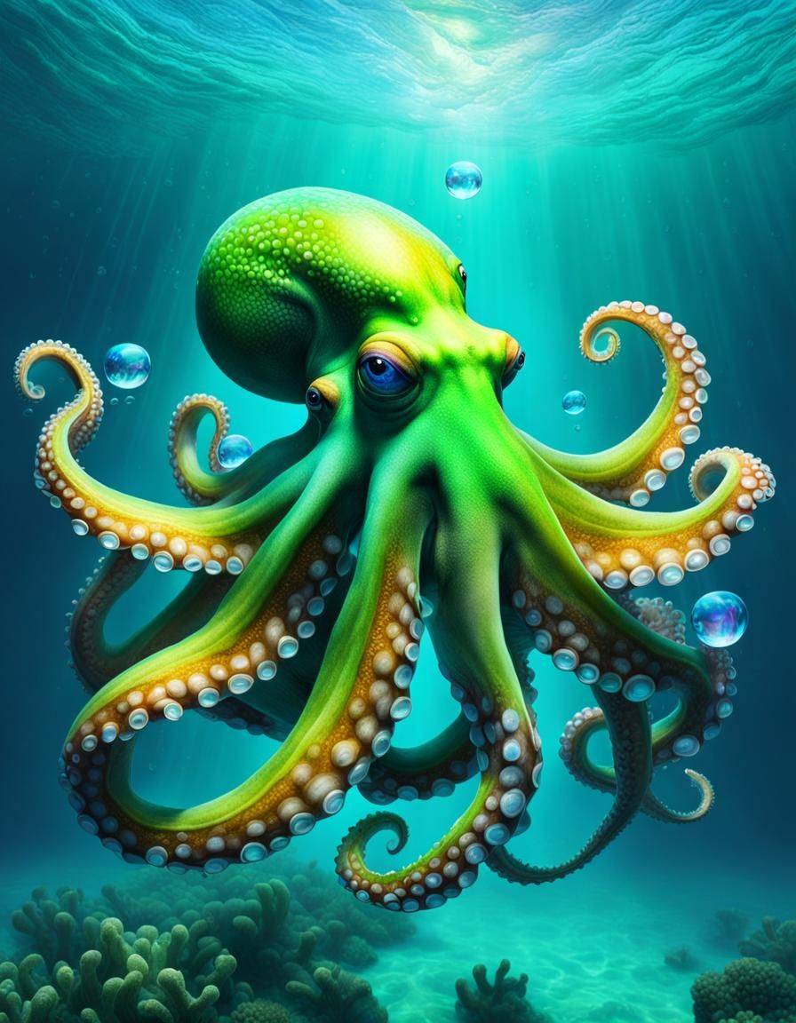 Bioluminescent green octopus blowing a rainbow from its mouth like bubble gum.

Floating in blue green crystal clear sea...