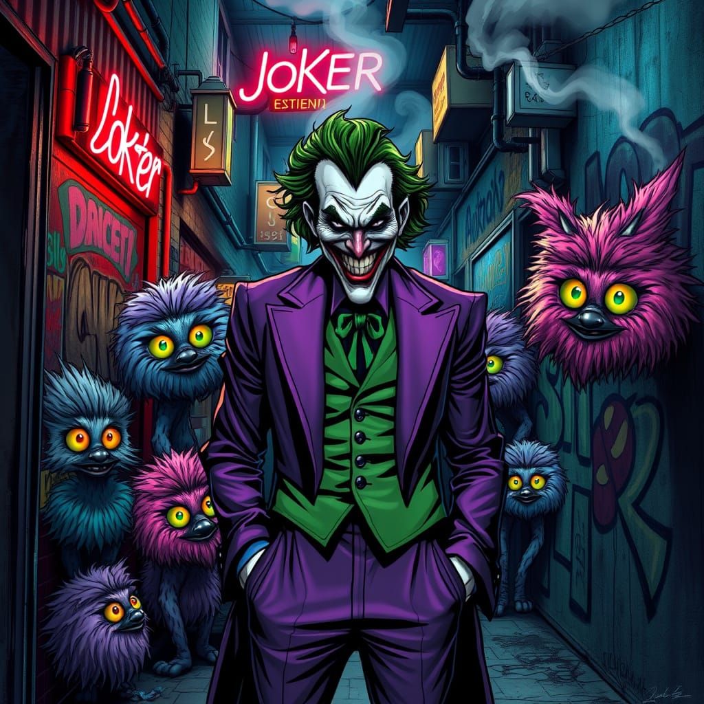 The Joker Surrounded by Rainbow Creatures
