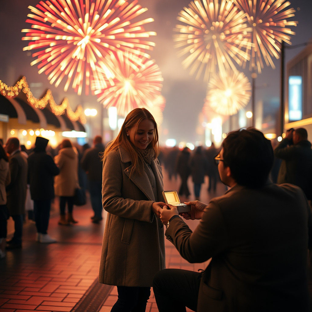 Romantic New Year's Eve Proposal Under Vibrant Fireworks