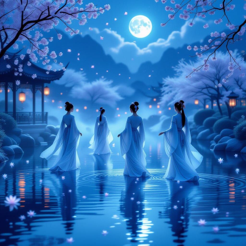Dreamlike Garden at Twilight with Elegant Maidens