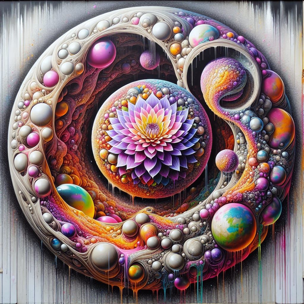 Purple Flower in Layered Orbs: Vibrant Street Art