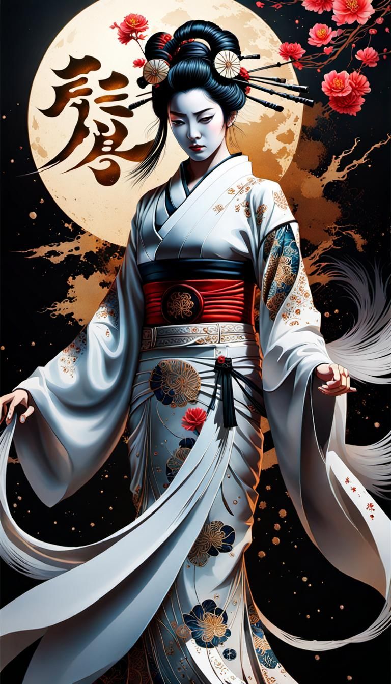 Surreal Ghost Kanji Characters in Splatter Art Style