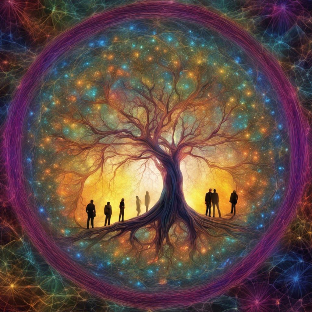 Fractal Tree with Singing People in Gouache Style