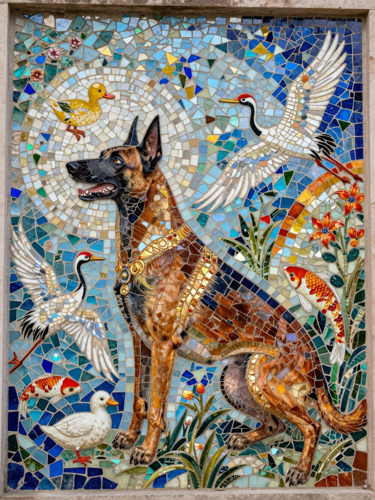 Vibrant Mosaic Mural of Malinois Dog with Silk Tapestry Deta...