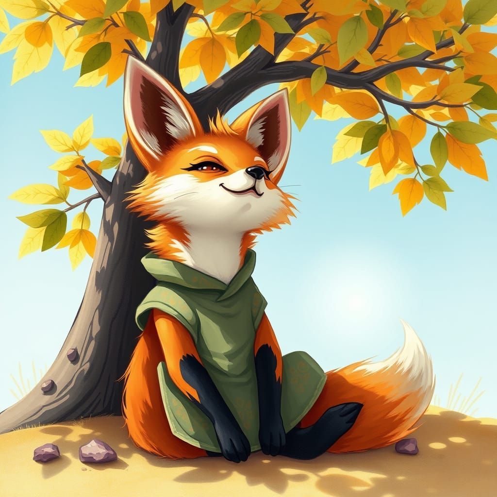 Fennec Fox Under Tree in Whimsical Style