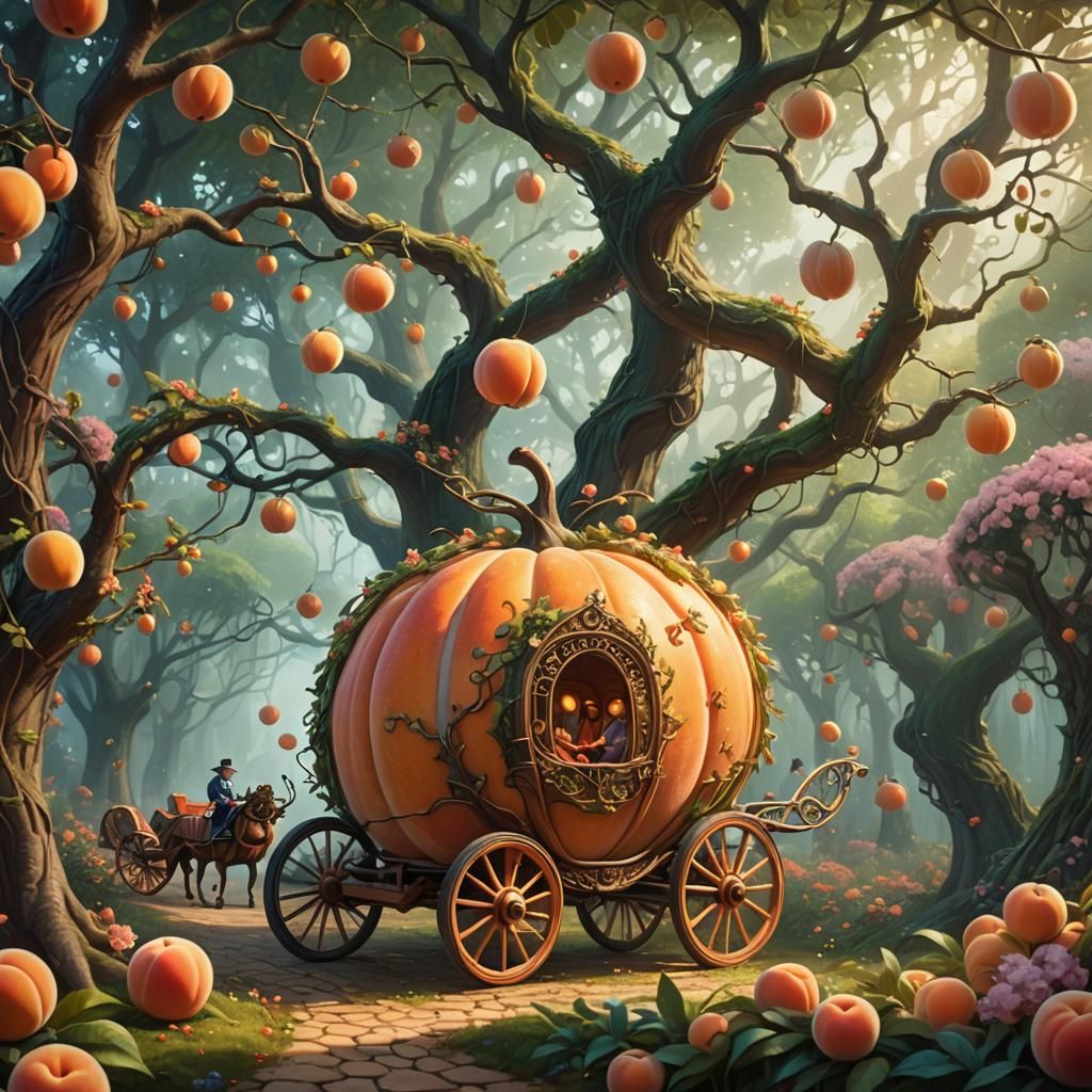 Giant Peach Carriage in Whimsical Forest