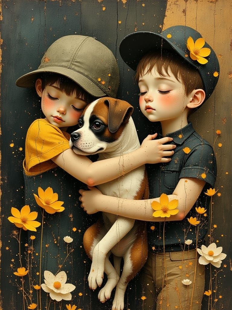 Boys Hugging Boxer Puppy in Whimsical Realism Style
