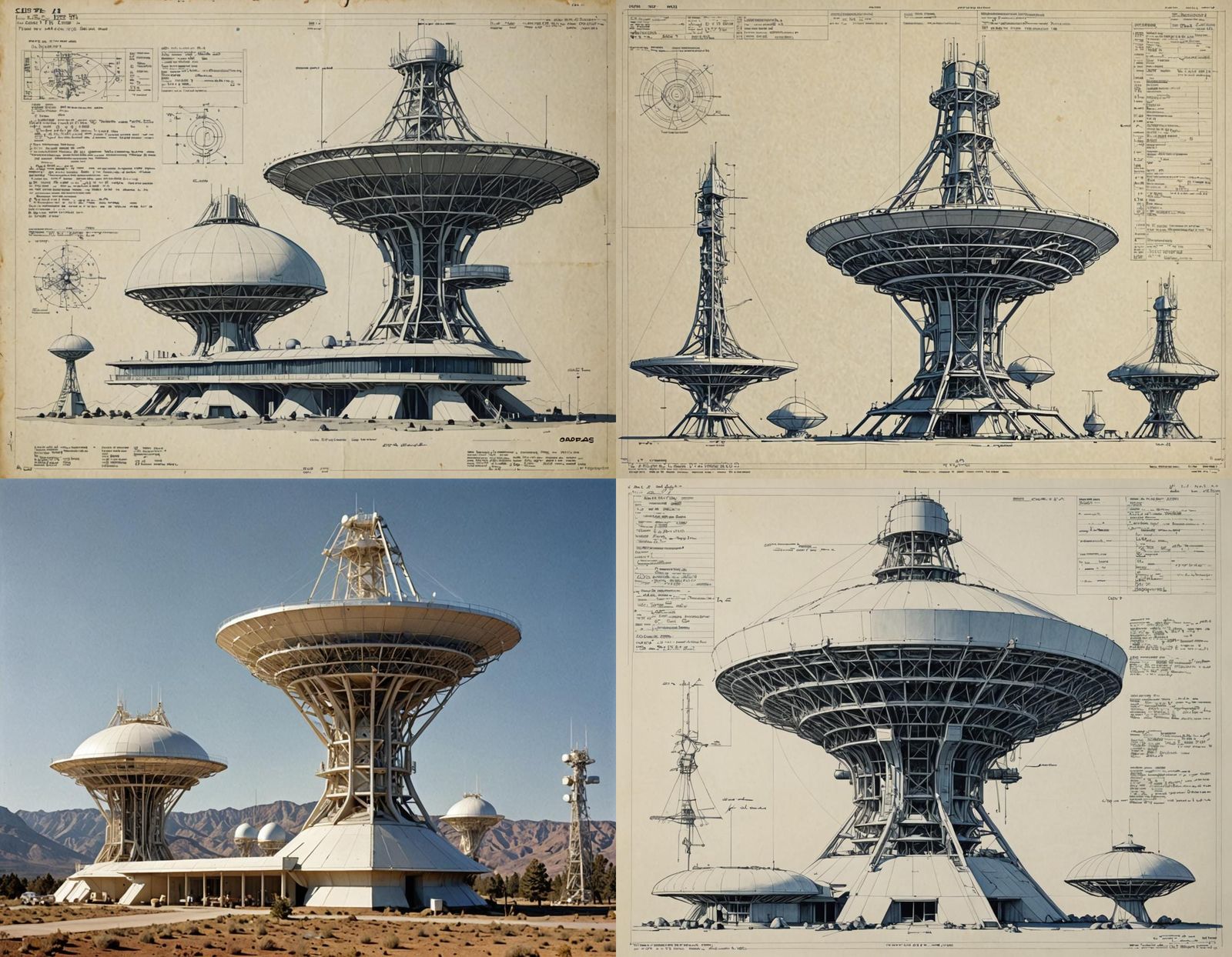 space age SETI building complex, antennas, dish antenna, side view, engineering drawing, specification notes, blueprints