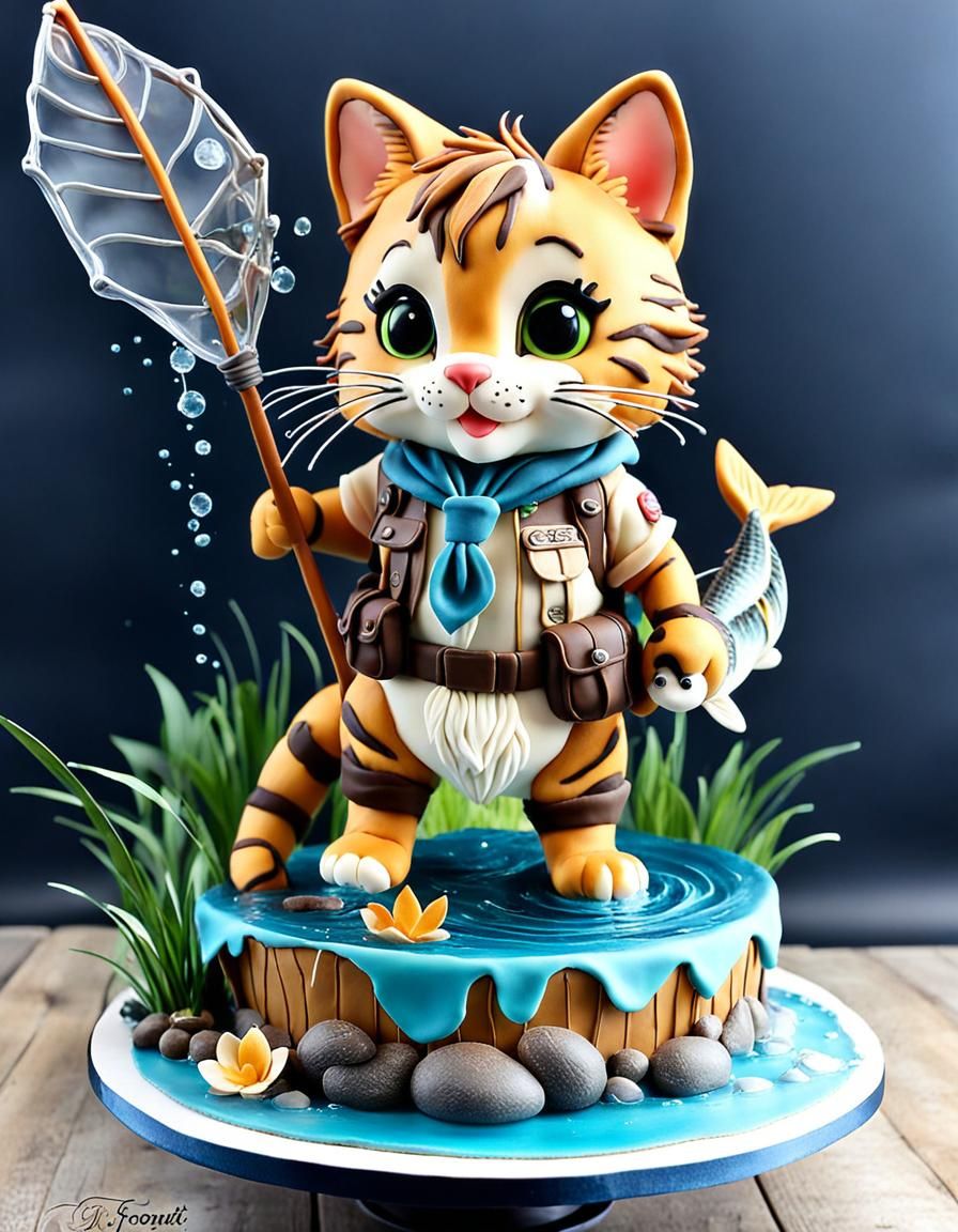 Cat Scout Fishing in a lake - Cake Sculpture with Isomalt an...