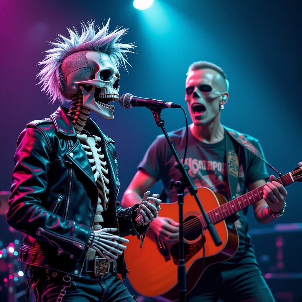 Skeletons Perform on Stage in Hyperrealistic Style