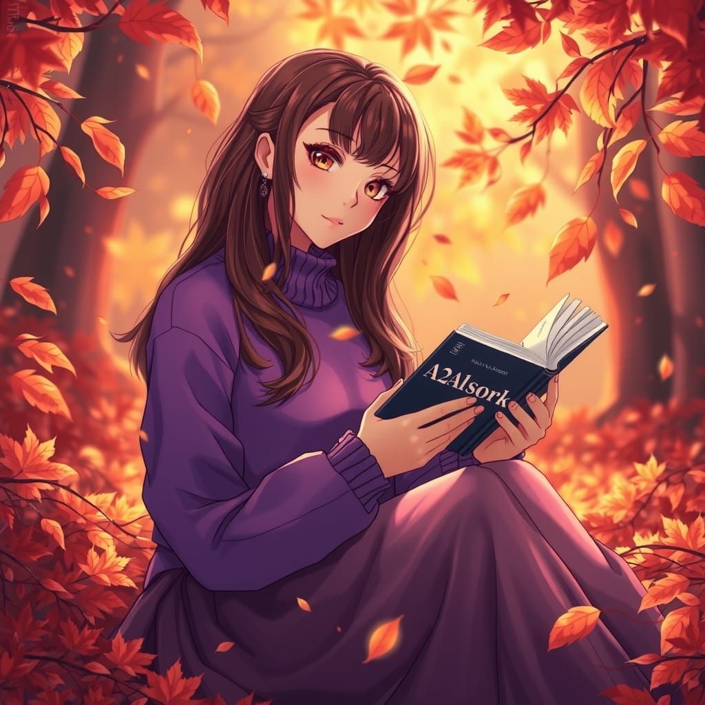 Autumn Anime Woman Reading in Golden Light