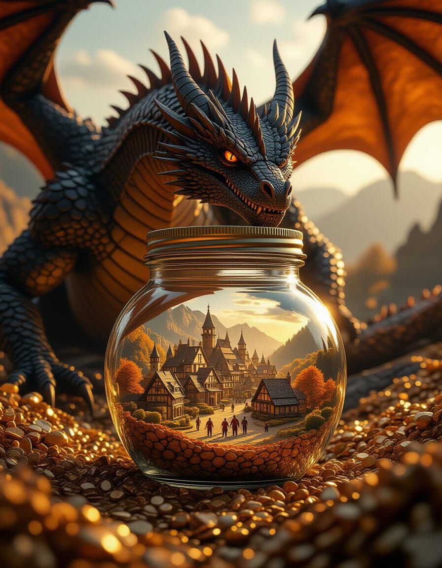 Dragon Guards Shrunken Autumn Village in Treasure Hoard