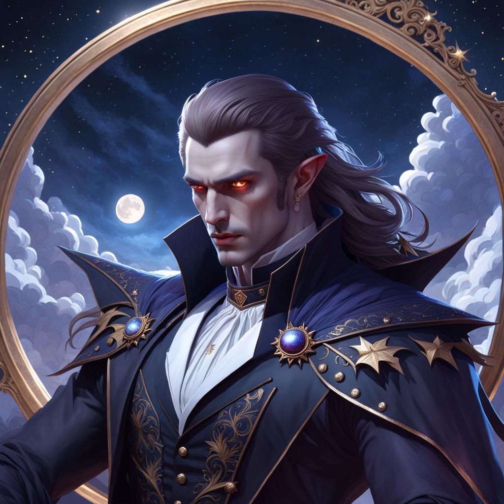 Vampire Portrait Under Starry Moonlit Sky