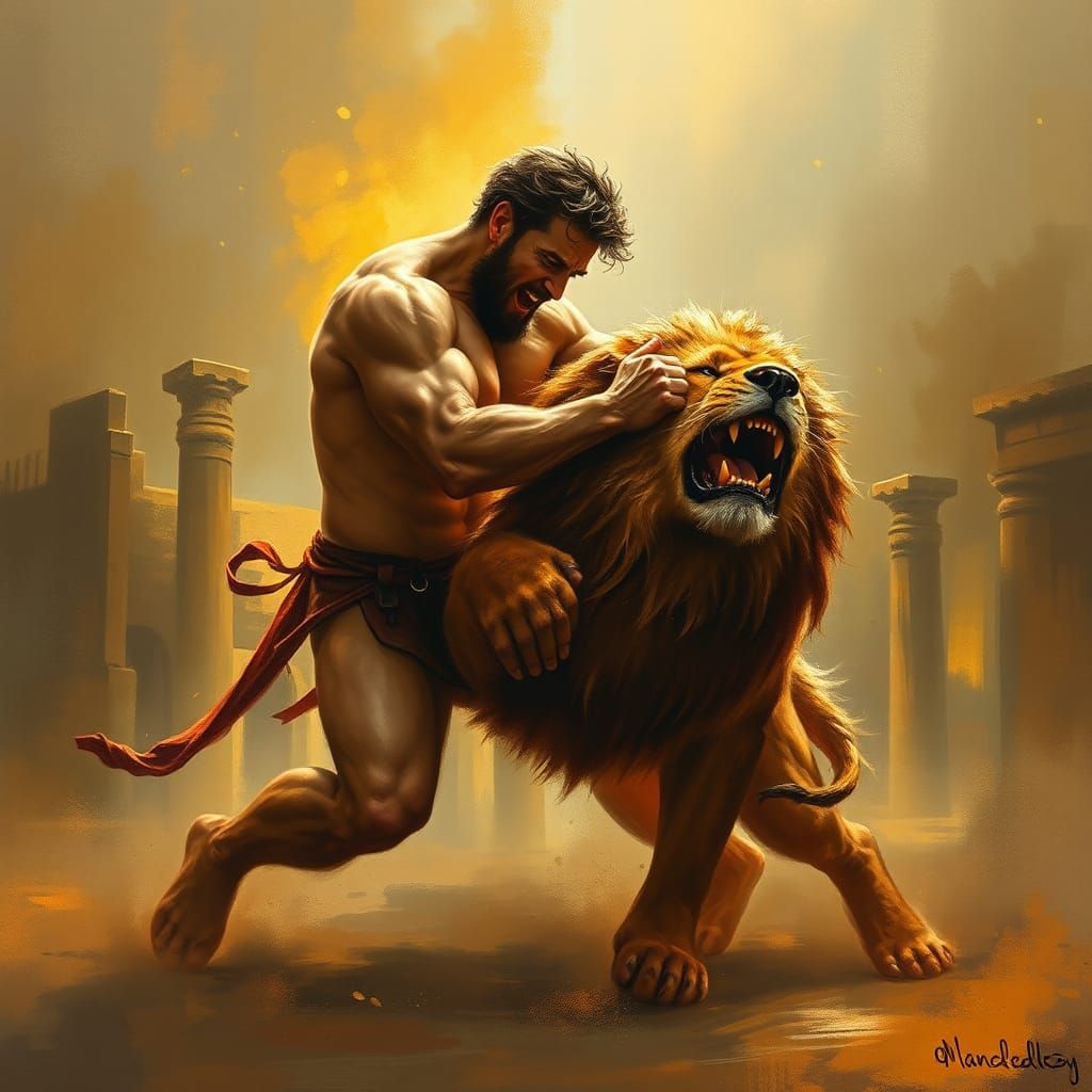 Hercules Wrestling Nemean Lion in Abstract Painting