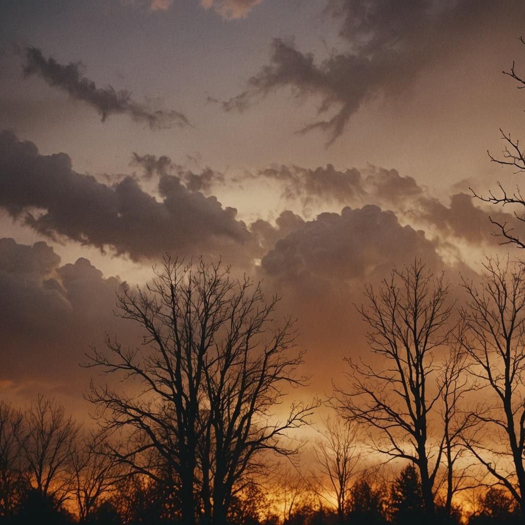 Stormy Industrial Skyline with Glowing Orange Sky
