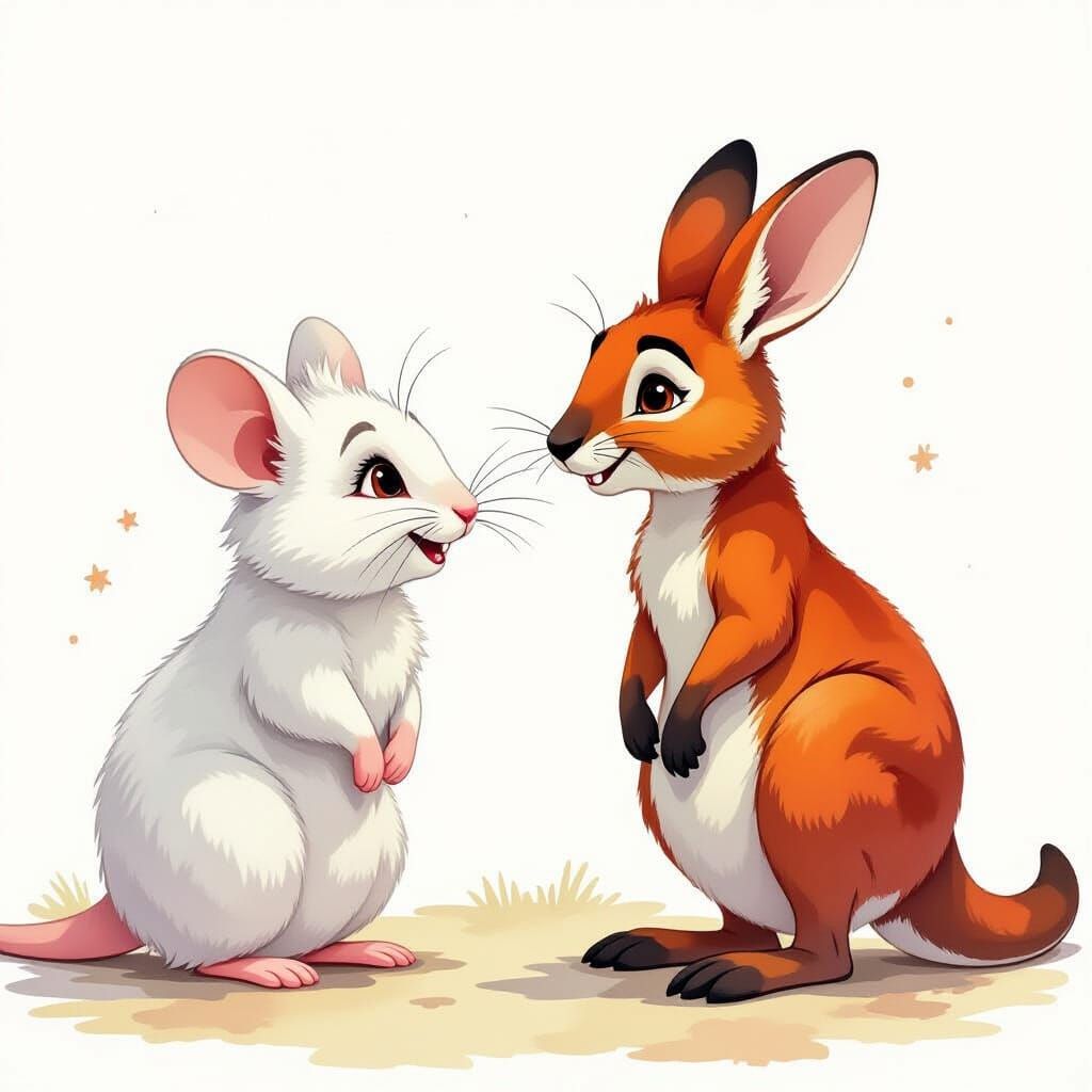 Whimsical Watercolor Mouse Meets Kangaroo