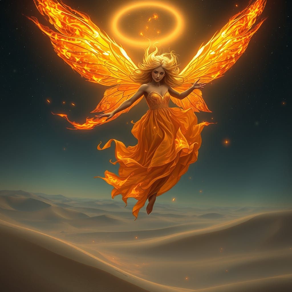 Fire Fairy Over Desert Landscape, Digital Matte Painting