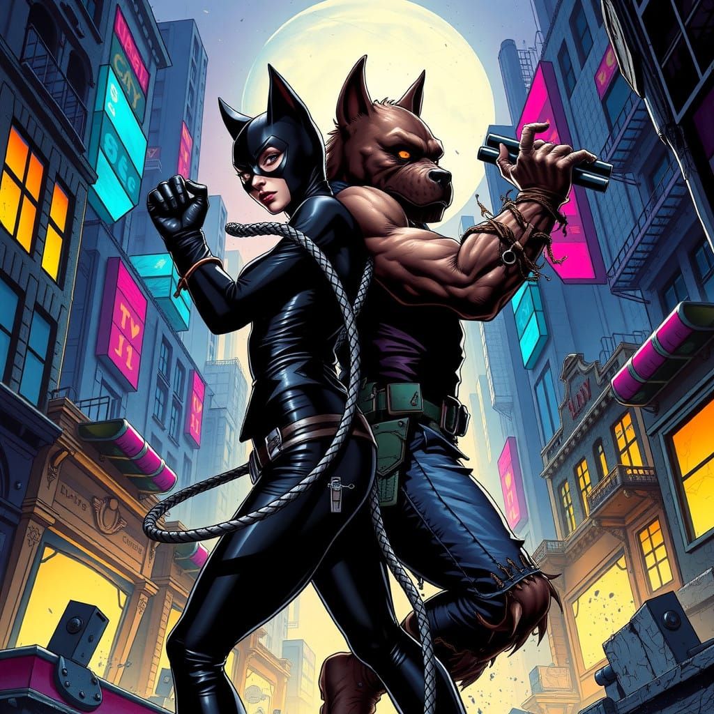 Catwoman Battles Dogman in a Whimsical Comic Book Adventure