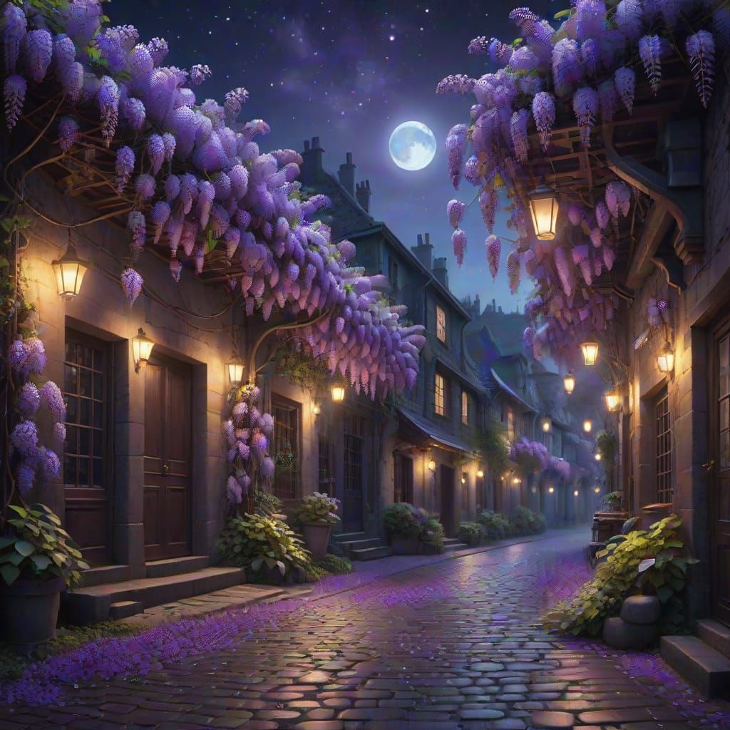 Wisteria Lane Street with Fireflies and Stars