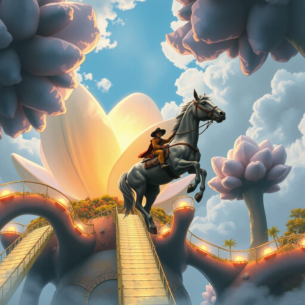 Cowboy Pilot Rides Colossal Horse in Bioluminescent Sky