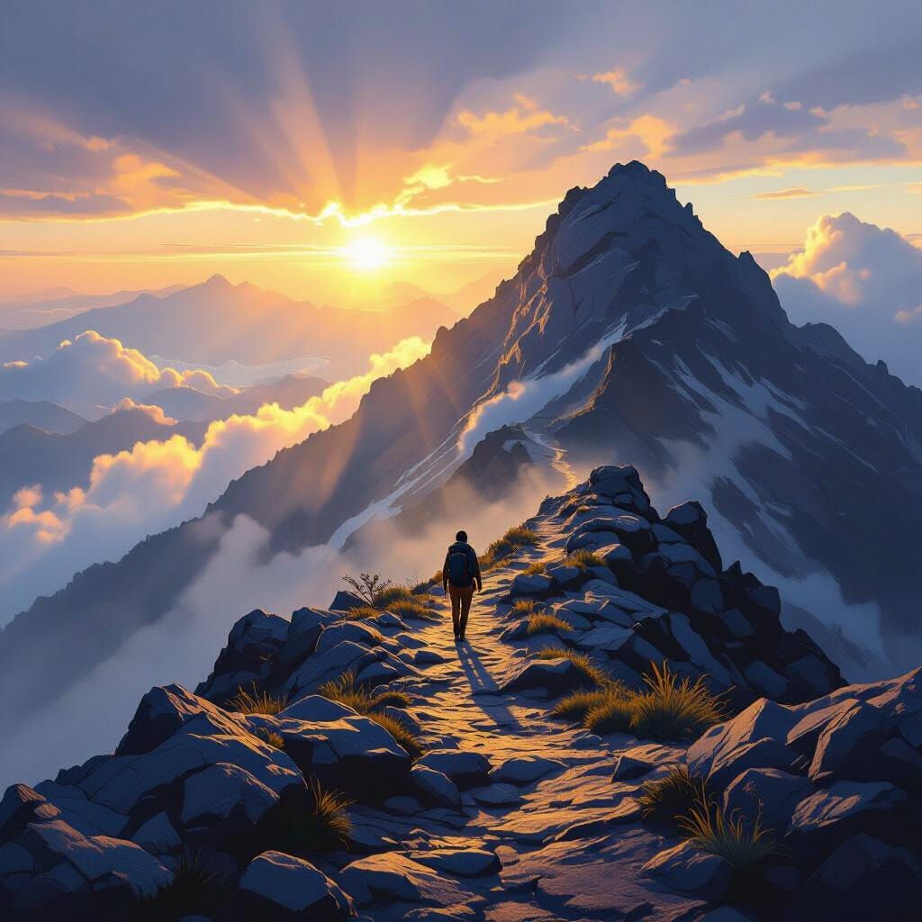 Lone Hiker Ascends Misty Mount Kinabalu at Golden Hour