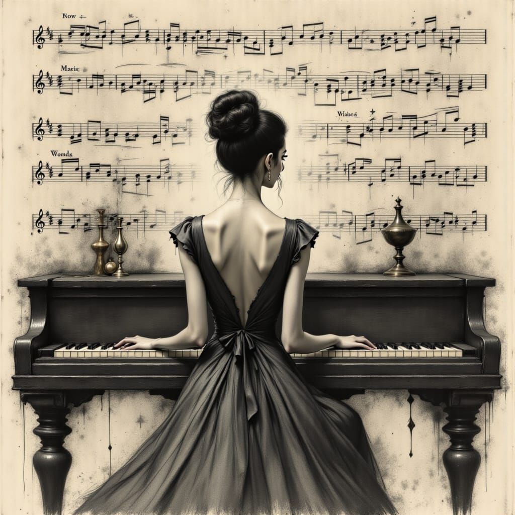 Woman at Piano in Charcoal and Ink Style